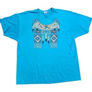 Vintage Single Stitch T Shirt Hanes Heavyweight XXL Teal Blue Native Navajo